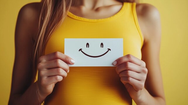 Woman holding a smiley card, symbolizing happiness and stress relief.