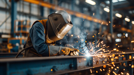 Skilled welder focuses on joining metal pieces using a welding torch, creating sparks in a vibrant industrial environment filled with equipment and materials