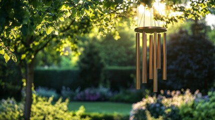 Golden Wind Chimes in a Lush Garden