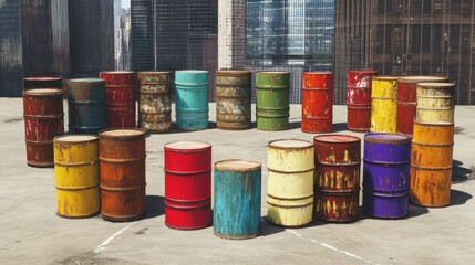 Colorful Rusty Barrels Arranged on Urban Rooftop