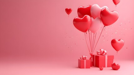 whimsical 3D Valentine's Day concept featuring heart-shaped balloons in vibrant shades of red and pink, floating gracefully in the air.