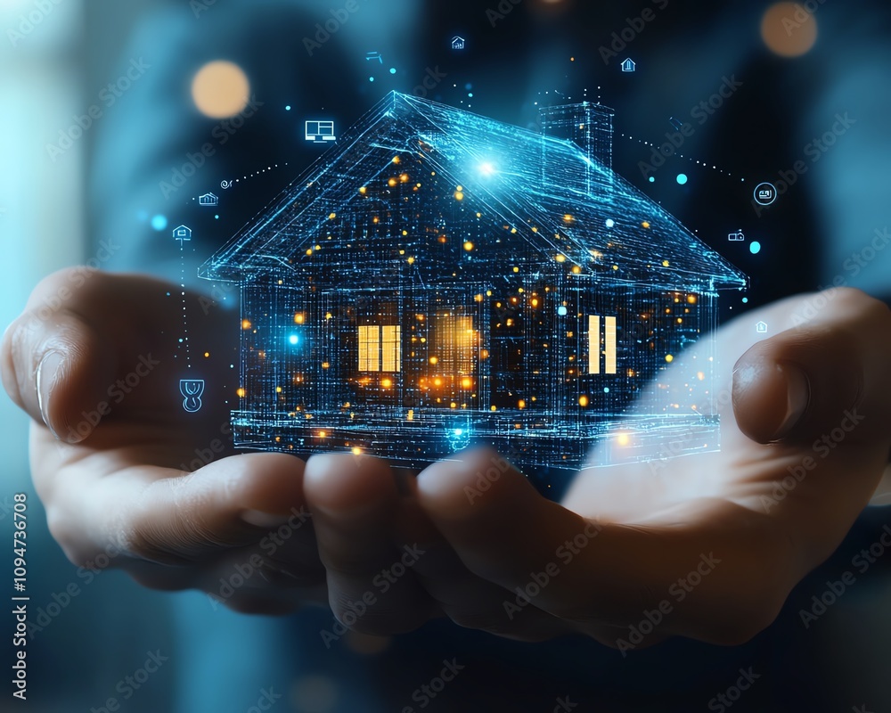 Poster business leader introducing futuristic real estate solutions with virtual home holograms, iot interf