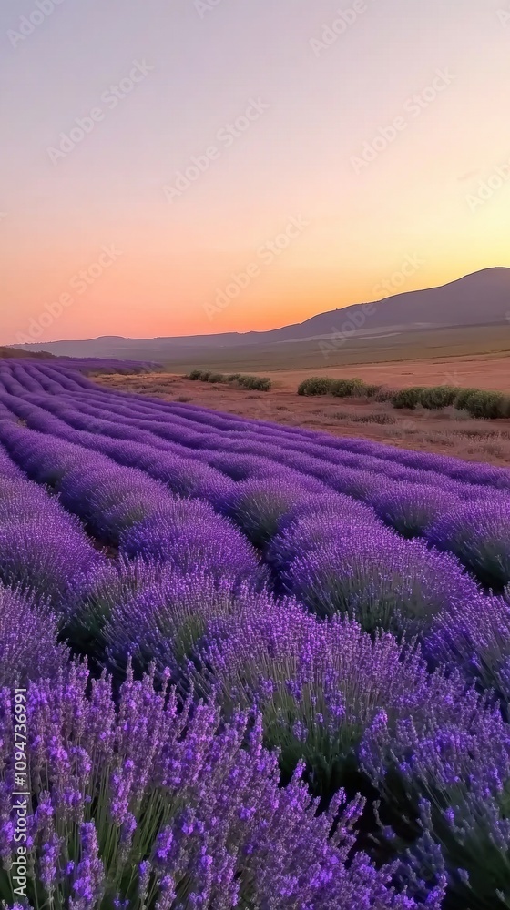 Poster Lavender fields stretch under a vibrant sunset sky, creating a serene landscape, AI