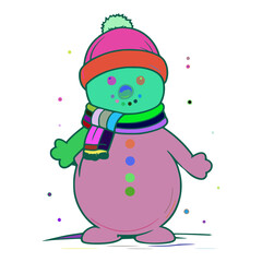 The snowman is wearing a pink hat with a green pom-pom on the top. He is also wearing a green and purple scarf around his neck. He has green eyes and a black nose.