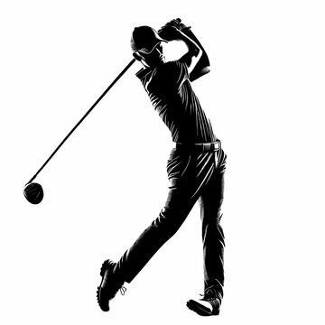black and white golfer swinging club clip art preview