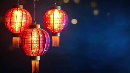 Colorful red lanterns glowing softly in a dark setting, creating a festive atmosphere during a night celebration