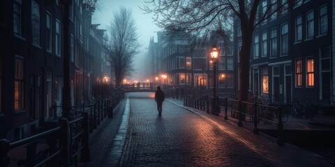 Amsterdam's historic city center at dawn.  Quiet streets, traditional houses, and picturesque bridges.