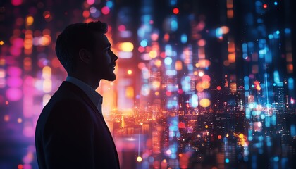 Cuttingedge real estate visionary interacting with holographic homes, advanced smart tech, and a futuristic city backdrop illuminated with vibrant lights