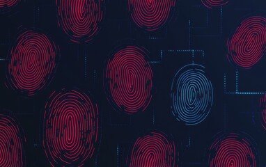 Anti-tracking concept. A digital pattern of fingerprints in red and blue tones against a dark background, highlighting themes of security and identity.