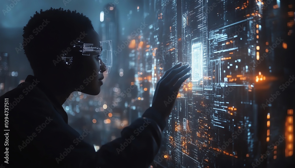 Poster dynamic real estate entrepreneur interacting with virtual property holograms, surrounded by cuttinge