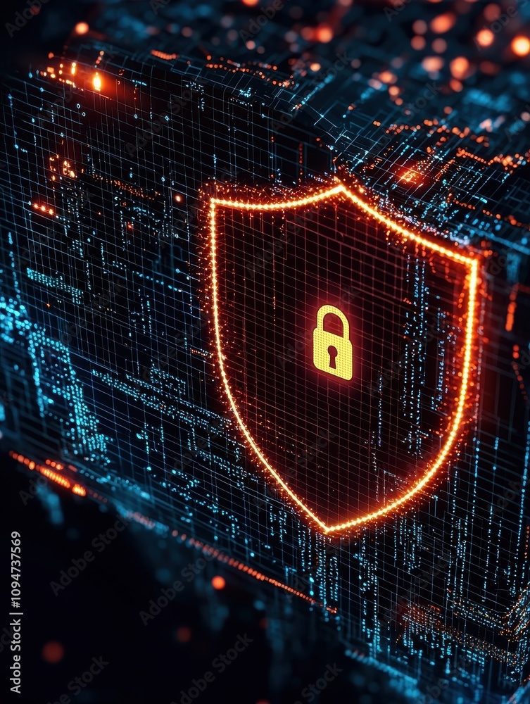 Poster anti-tracking concept. a glowing digital shield with a padlock symbolizes cybersecurity and data pro