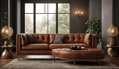 Elegant Living Room with Luxurious Leather Sofa and Modern Decor