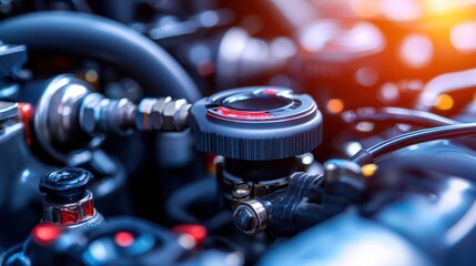 Close-Up View of Automotive Diagnostic Tools and Maintenance Equipment in a Professional Garage Setting with Highlighted Features and Lighting Effects