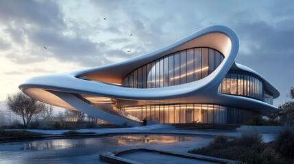Modern Futuristic Architecture with Curved Lines and Large Windows