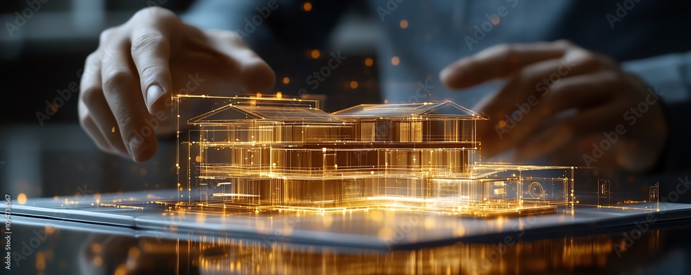 Poster Innovative property tech concept businessman unveiling virtual homes with dynamic holographic displays and IoTpowered smart home systems