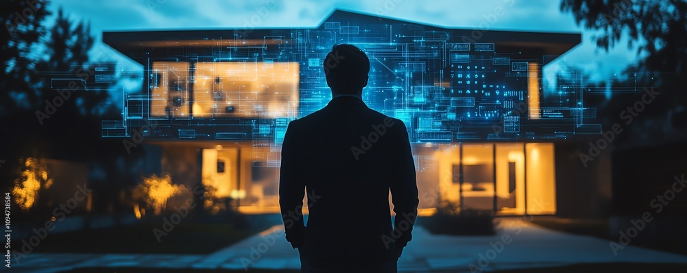 Aufkleber Innovative property tech concept businessman unveiling virtual homes with dynamic holographic displays and IoTpowered smart home systems