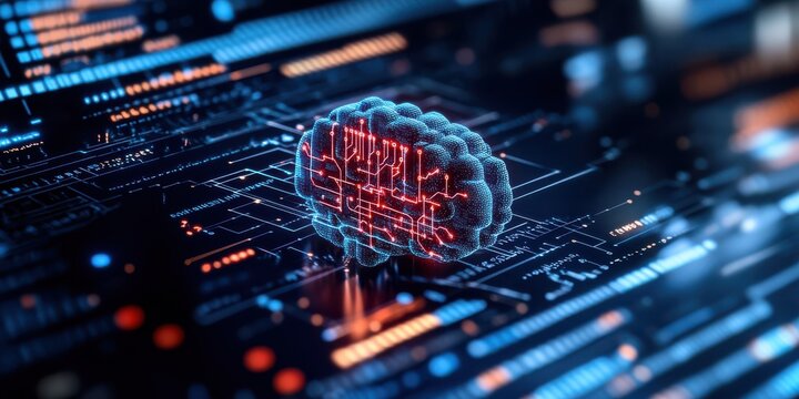 A digital brain with glowing circuits on a tech-infused background symbolizes innovation and artificial intelligence.