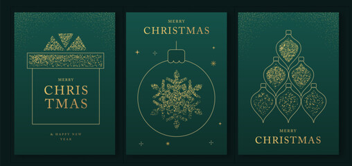 Fototapeta premium Set of luxury Merry Christmas and Happy New Year greeting cards, covers or posters with gold holiday decoration. Christmas green background. Vector illustration