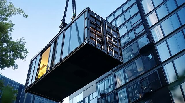 A modular living container with smart glass technology and sleek finish, positioned by crane into an eco-friendly apartment complex.