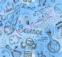 Back to School: science lab objects doodle hand drawn vintage style sketches seamless pattern, vector illustration.