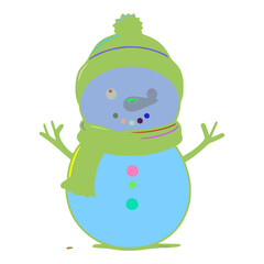 The snowman is blue with a green scarf around it. The scarf is green and the snowman has a green hat on top of it. There are three small circular circles under the eyes.