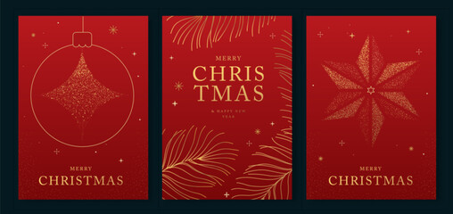 Set of luxury Merry Christmas and Happy New Year greeting cards, covers or posters with gold holiday decoration. Christmas red background. Vector illustration