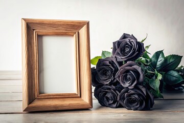 Rustic Wooden Frame Mockup with Black Roses for Funeral Mourning Border Template - Photorealistic Bereavement Obituary Image, Elegant Design for Sympathy Cards and Memorials