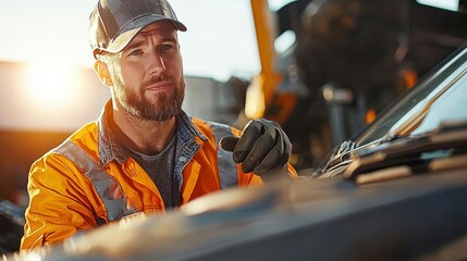 Mechanic in Safety Gear Inspects Vehicle in Well-Lit Setting with Professional Attitude, Highlighting Importance of Vehicle Maintenance and Safety Practices