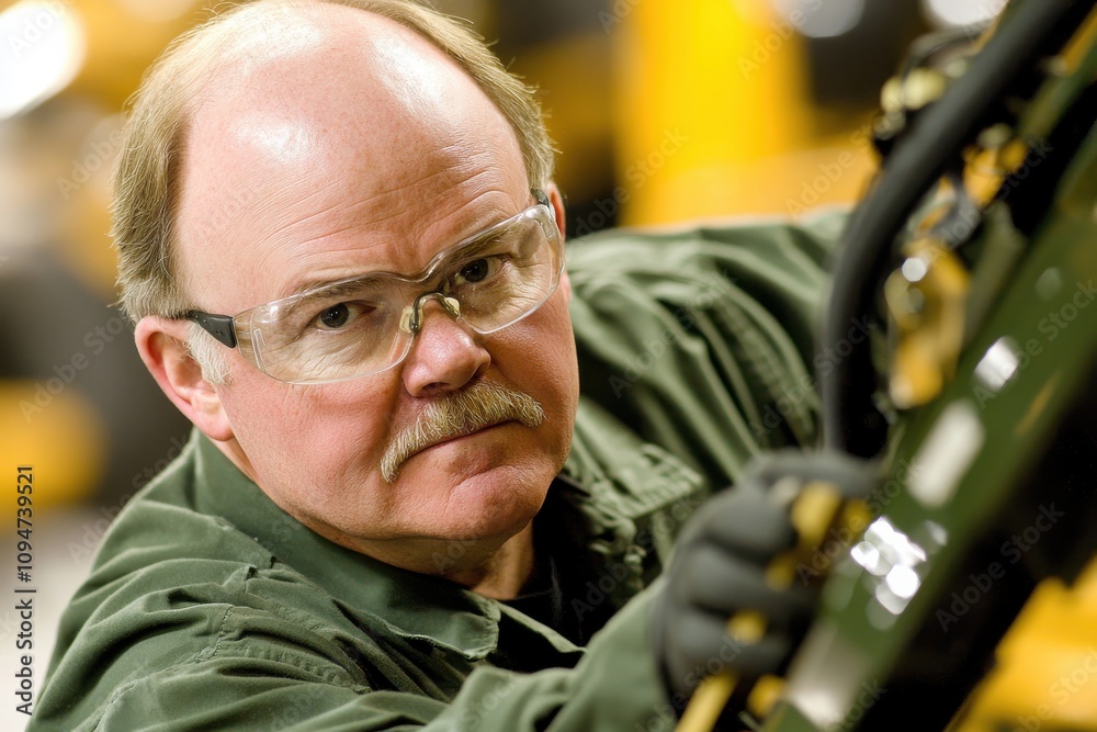 Poster skilled technician wearing safety glasses inspects vehicle components with care and precision in a w