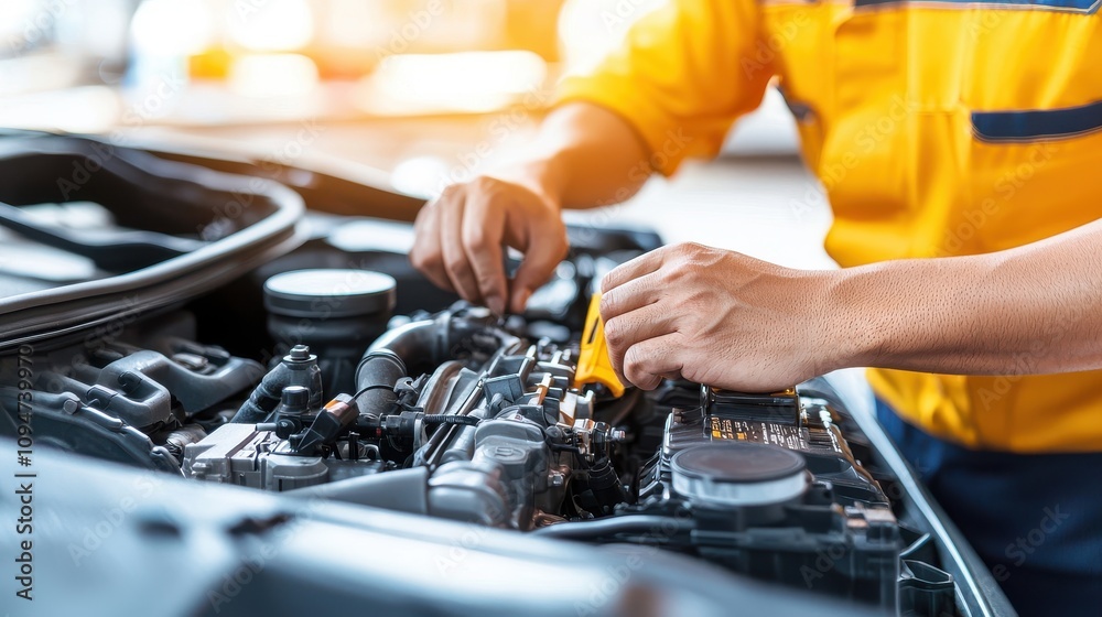 Poster mechanic adjusting engine in garage with studio lighting