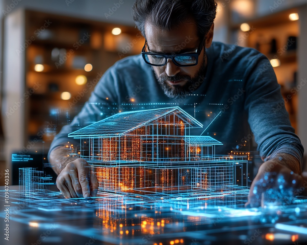 Aufkleber Techsavvy professional showcasing holographic house models, immersive IoT visualizations, and sleek, modern digital interfaces in a hightech setting