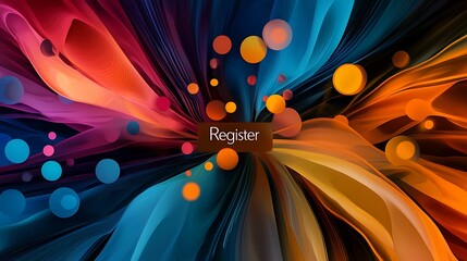 Registration enrollment. A vibrant abstract design featuring colorful swirls and circles with a central "Register" prompt.