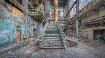 A Staircase Leading Upward in an Abandoned Industrial Building