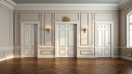 3D render of a room featuring a wooden door, offering a cozy and elegant atmosphere. Simple yet stylish home interior design.