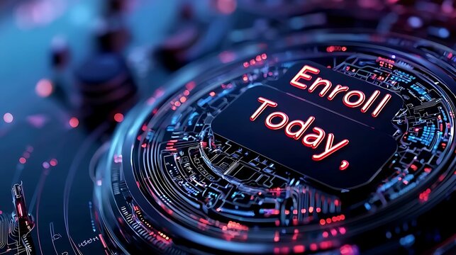 Registration enrollment. A futuristic interface featuring a prominent "Enroll Today" button, surrounded by vibrant, glowing circuitry, emphasizing digital engagement.