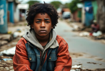 Homeless kid portrait sitting on the street. Homelessness, child abuse, social issue concept