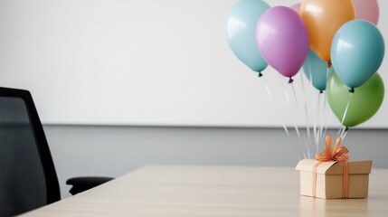 A festive office desk adorned with colorful balloons and a neatly wrapped gift, celebrating the employee of the month with joy and appreciation.