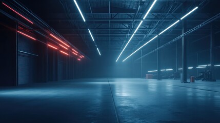 Neon Lit Industrial Garage: Futuristic Warehouse Interior