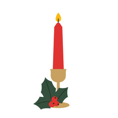 red advent candle decorated with holly berry- vector illustration
