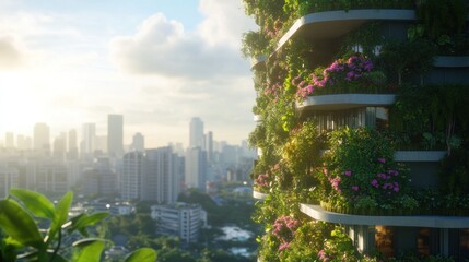 Obraz premium Sustainable cityscape with vertical gardens on high-rise buildings merging urban and natural elements