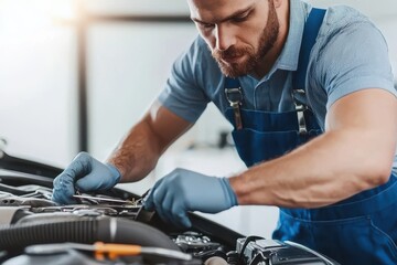 Obraz premium Skilled Technician Examining Car Engine Components