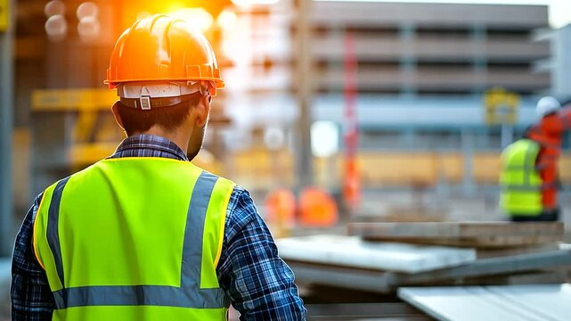 Standing amid concrete beams and metal frameworks, a construction worker monitors progress on a bustling highway site, showcasing the focus, diligence, and teamwork that drive thes