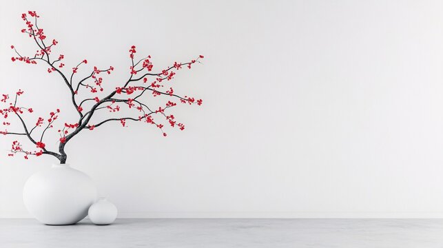 Elegant Chinese-style background, with a white wall featuring Chinese ink painting and a plum blossom decoration on the table, creating a simple and refined atmosphere. 