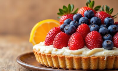 Delicious berry tart on wooden table