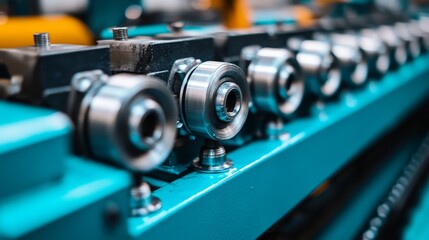 Naklejka premium Close-up of a Row of Metal Rollers on a Blue Conveyor Belt