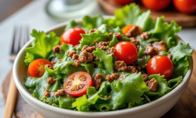 Fresh salad with cherry tomatoes and beef