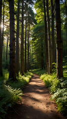 A winding forest path surrounded by tall trees and dappled sunlight, serene and encouraging.