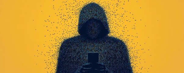 Mysterious figure in a hood using a smartphone