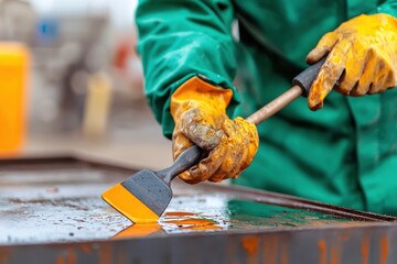 Skilled Technician Cleaning Tools on Workbench with Focused Attention, Wearing Protective Green Jacket and Yellow Gloves in a Workshop Environment