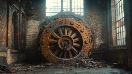 A Rusty Industrial Gear Wheel in a Abandoned Factory